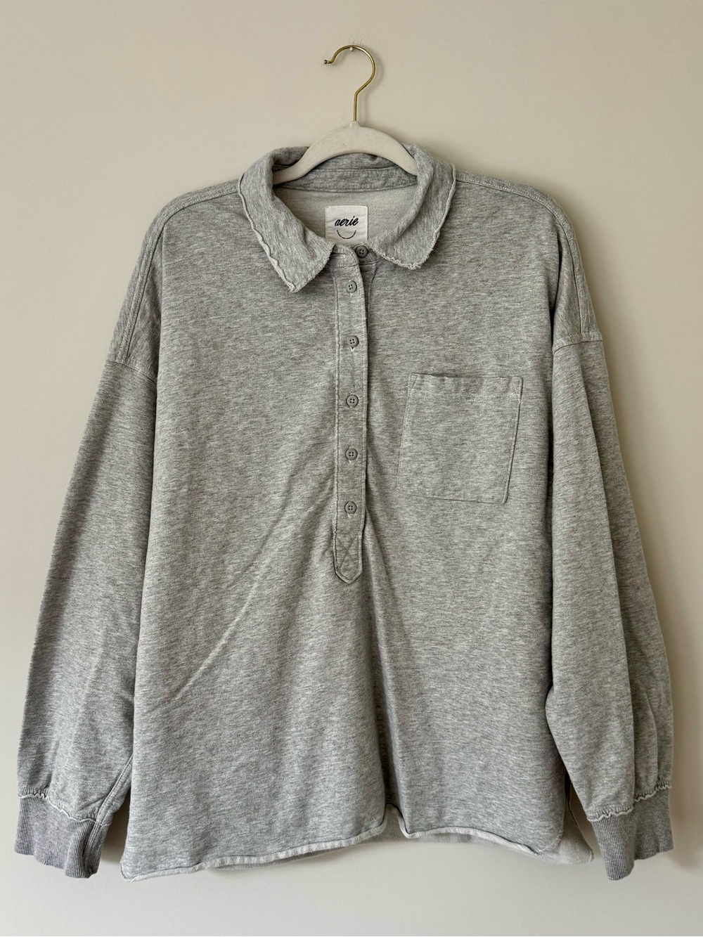 Aerie 100% Cotton Take It Easy Popover Polo Sweatshirt, Medium Heather Grey – M - Picture 2 of 8
